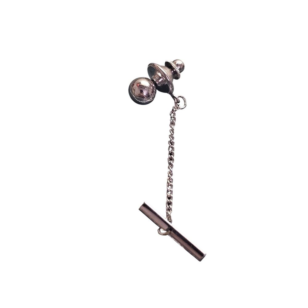 Vintage Minimalist Silver-Toned Round Bead Tie Tack Pin With Chain & Bar W6